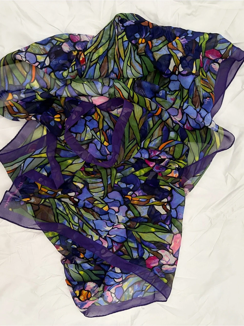 Vintage Floral Stained-Glass Silk Scarf in Purple and Blue